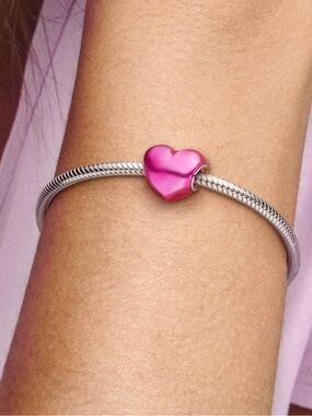 Pandora Pink Metallic Heart Bracelet Charm Necklace Authentic S925 Enamel
